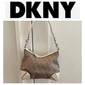 Y2K Vintage DKNY Shoulder Bag brown signature canvas and white leather